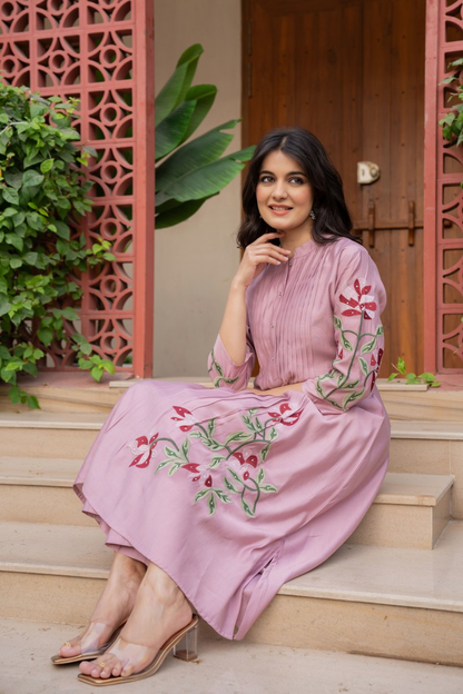 Women's Pure Cotton Pleated Kurta Set with Heavy Floral Embroidery