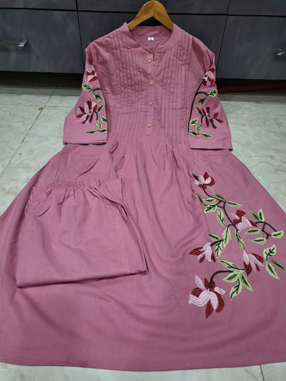 Women's Pure Cotton Pleated Kurta Set with Heavy Floral Embroidery
