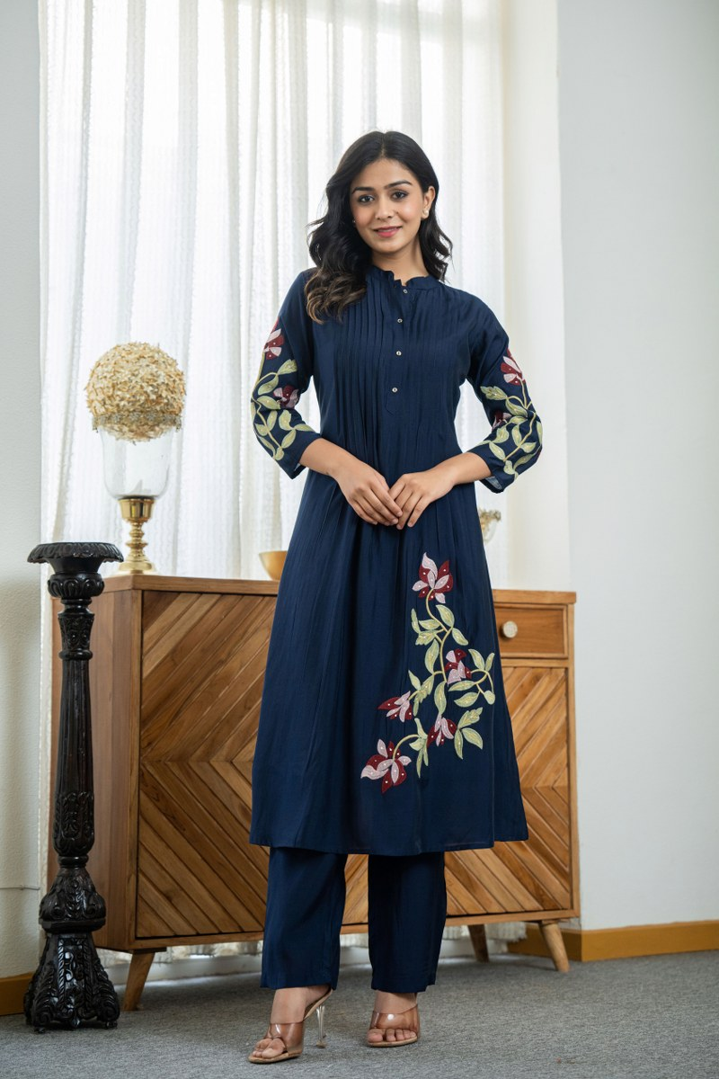Women's Pure Cotton Pleated Kurta Set with Heavy Floral Embroidery