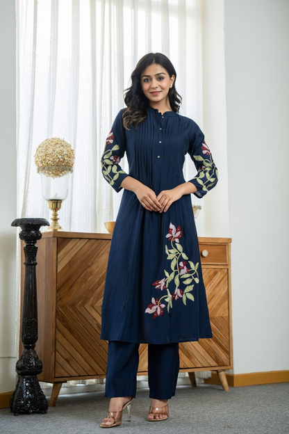 Women's Pure Cotton Pleated Kurta Set with Heavy Floral Embroidery
