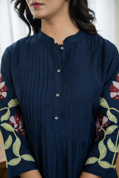 Women's Pure Cotton Pleated Kurta Set with Heavy Floral Embroidery