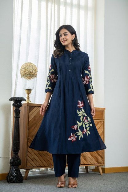 Women's Pure Cotton Pleated Kurta Set with Heavy Floral Embroidery