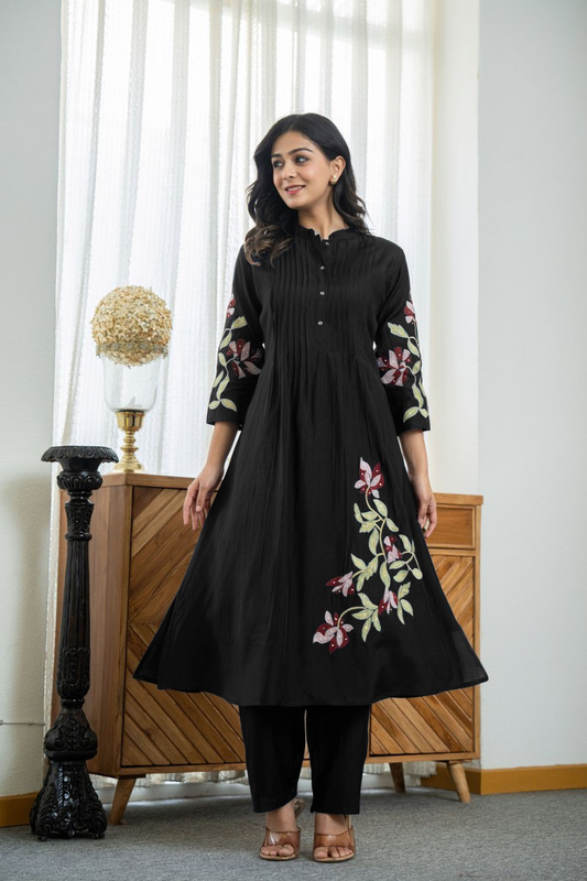 Women's Pure Cotton Pleated Kurta Set with Heavy Floral Embroidery
