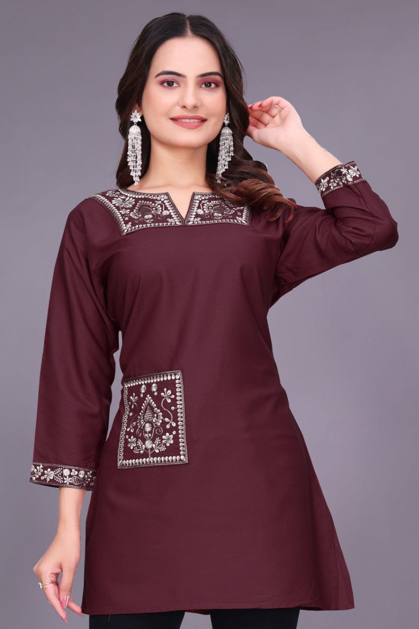 Women's Heavy Rayon Short Kurti with Embroidery & Pocket