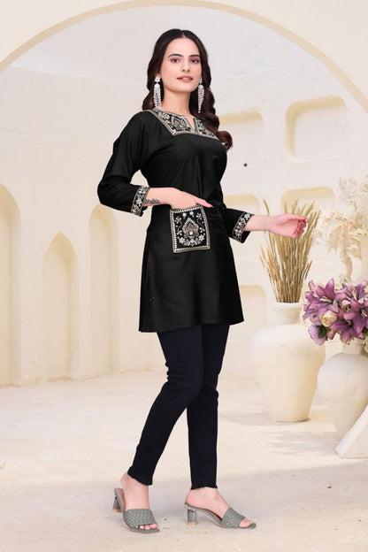 Women's Heavy Rayon Short Kurti with Embroidery & Pocket