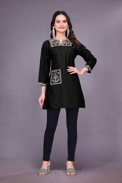 Women's Heavy Rayon Short Kurti with Embroidery & Pocket