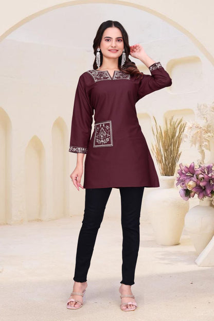 Women's Heavy Rayon Short Kurti with Embroidery & Pocket
