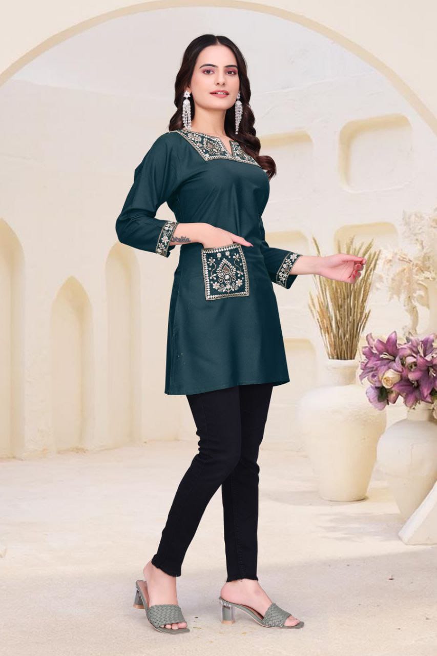 Women's Heavy Rayon Short Kurti with Embroidery & Pocket