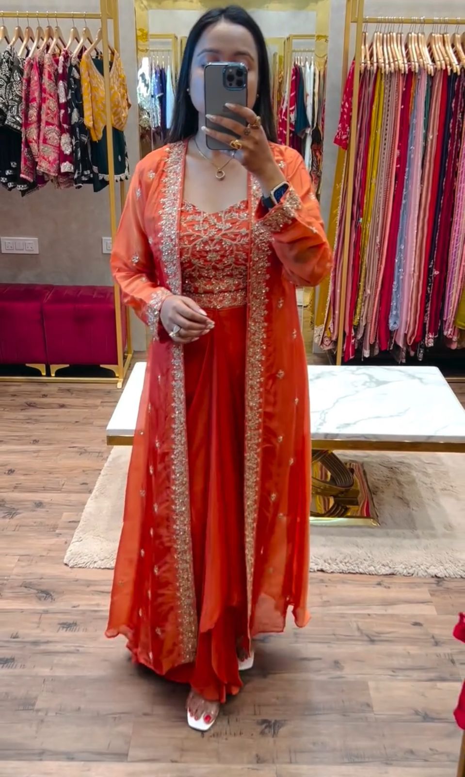 Draped Sharara, Blouse & Shrug with Sequence Work