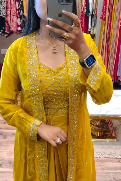 Draped Sharara, Blouse & Shrug with Sequence Work