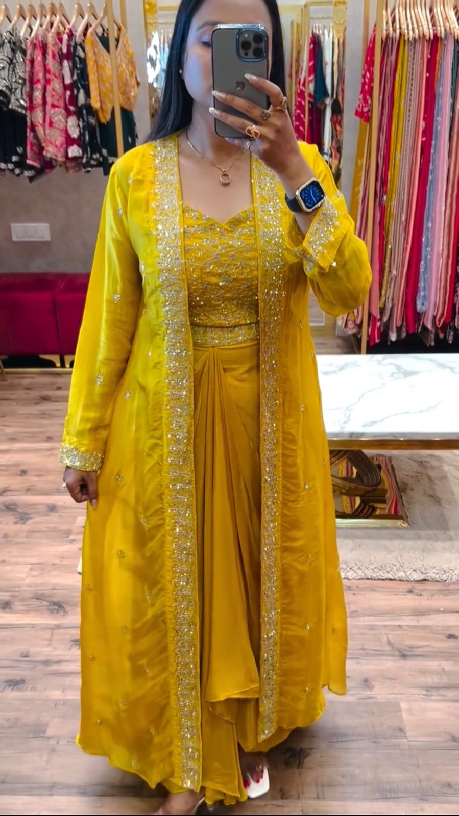 Draped Sharara, Blouse & Shrug with Sequence Work