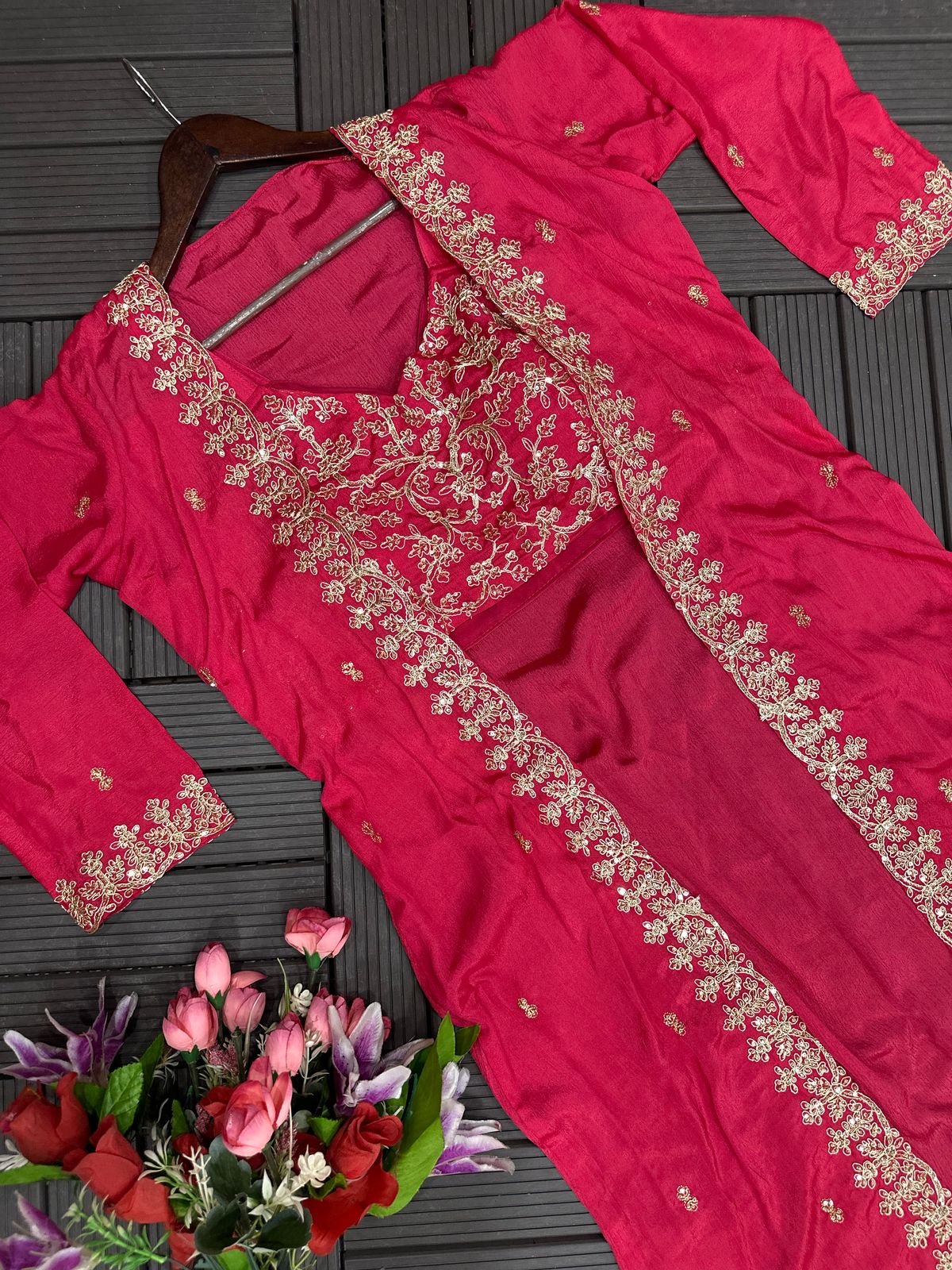 Draped Sharara, Blouse & Shrug with Sequence Work