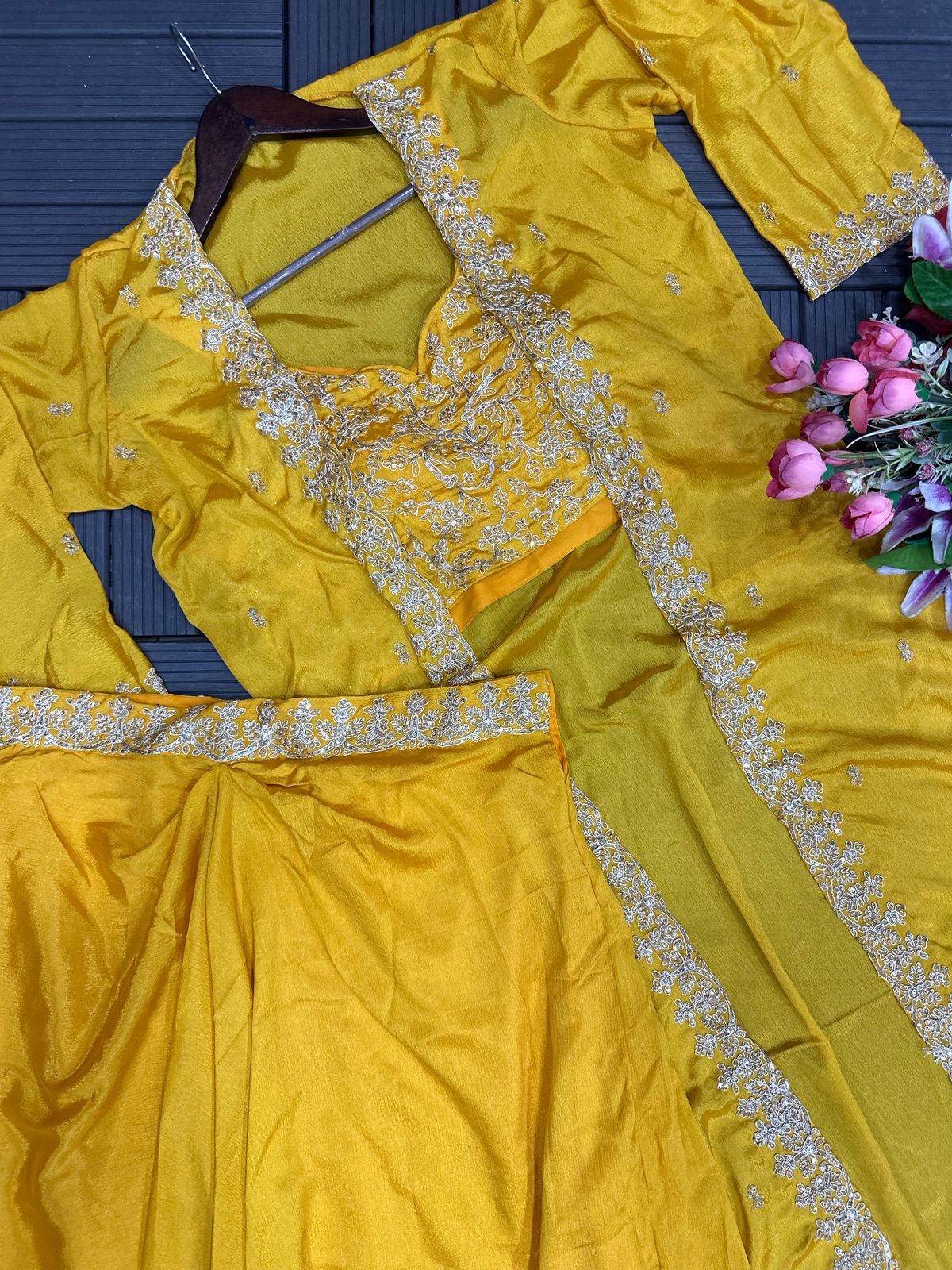 Draped Sharara, Blouse & Shrug with Sequence Work