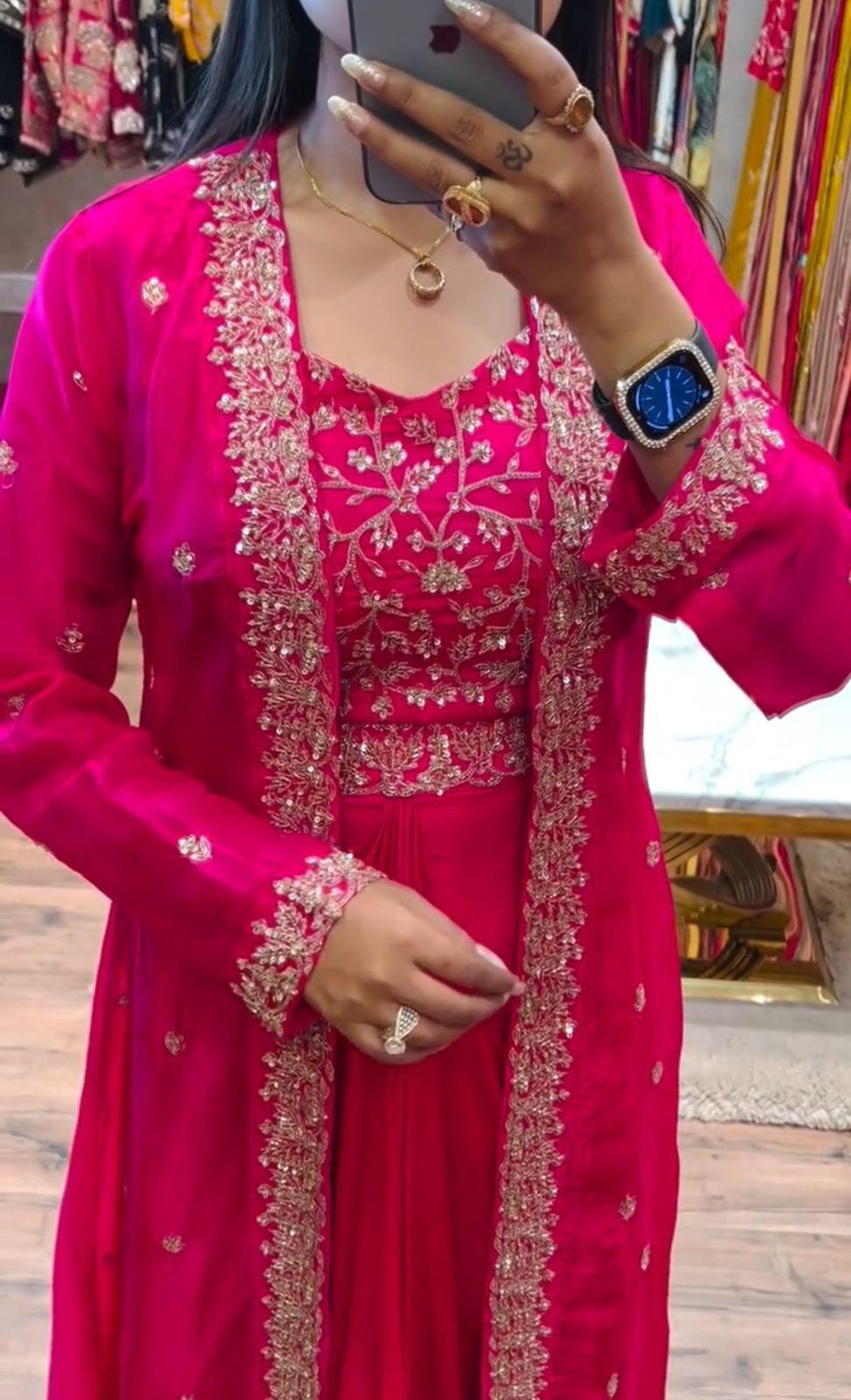 Draped Sharara, Blouse & Shrug with Sequence Work