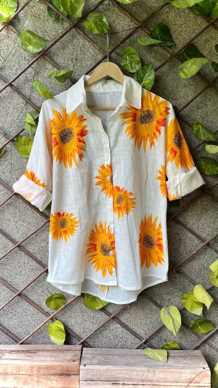 Women's White Sunflower Print Casual Shirt