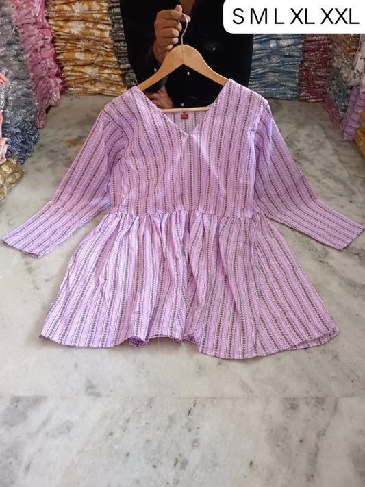 Women's Lavender Striped Cotton Frock Style Short Kurti