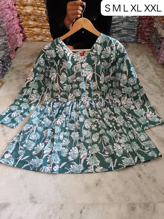 Women's Green Floral Print Cotton Frock Style Short Kurti