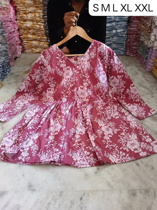 Women's Maroon Floral Print Cotton Frock Style Short Kurti