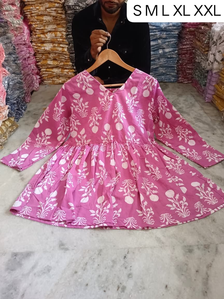 Women's Pink Block Print Cotton Frock Style Short Kurt