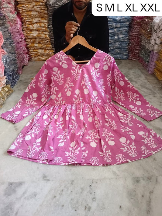 Women's Pink Block Print Cotton Frock Style Short Kurt