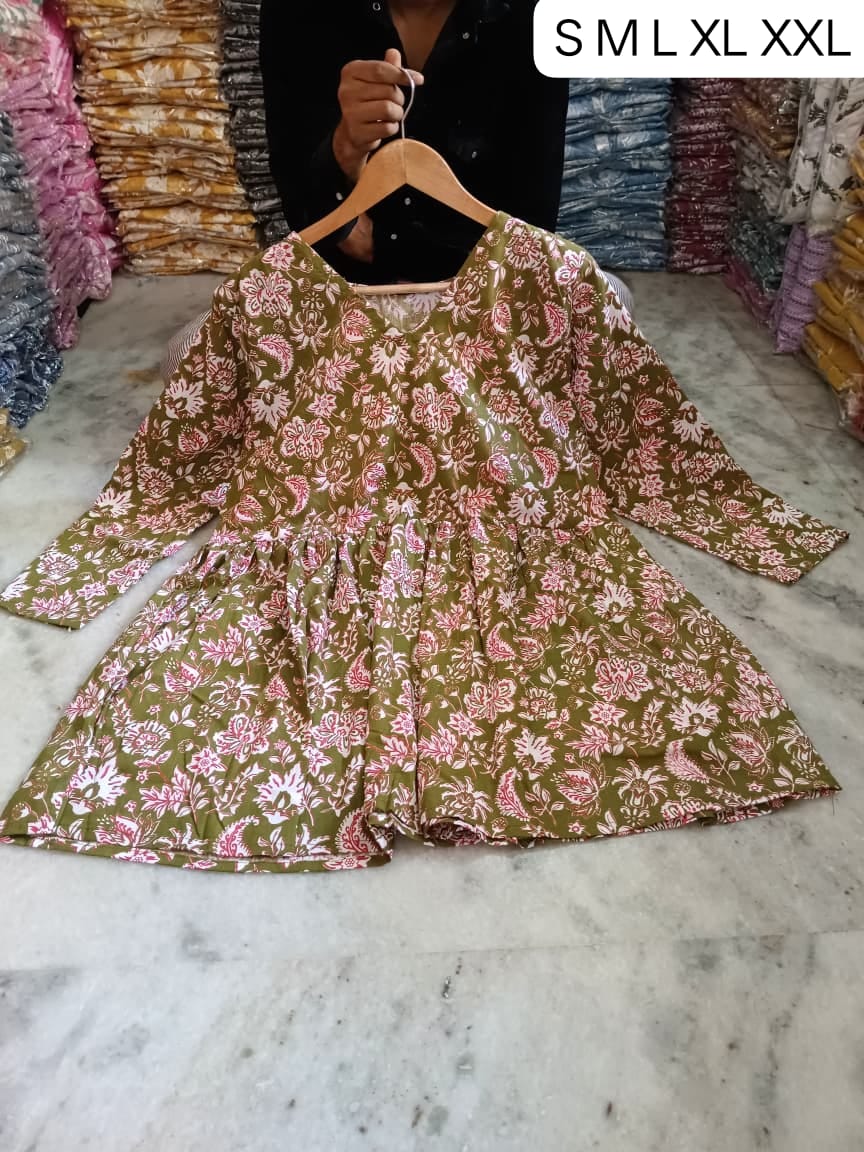 Women's Olive Floral Print Cotton Frock Style Short Kurti