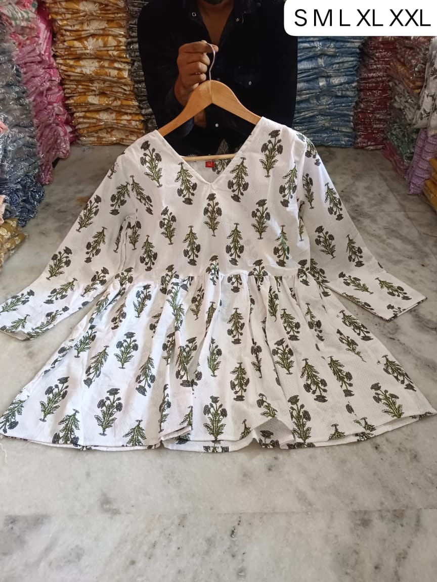 Women's White Buti Print Cotton Frock Style Short Kurti