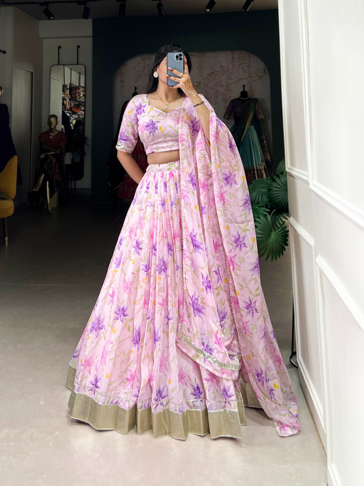 Floral Print Tabby Silk Lehenga Choli with Lace