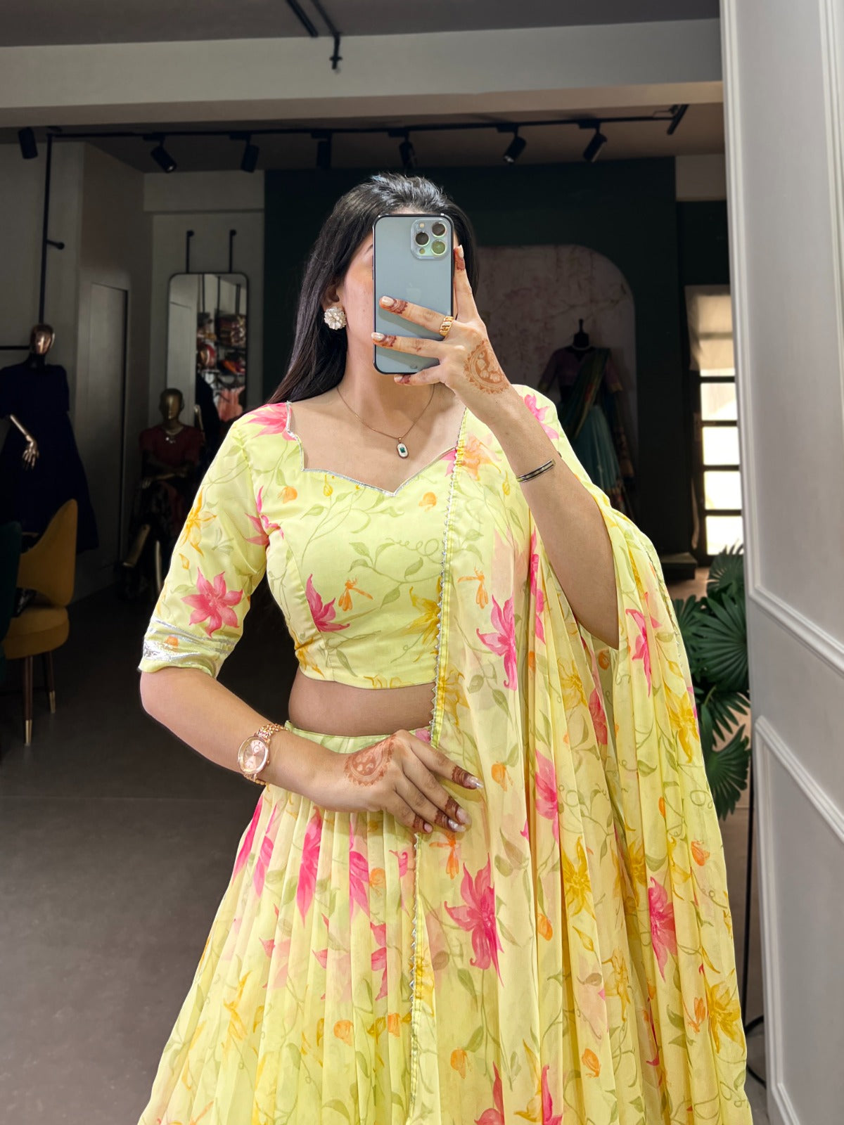 Floral Print Tabby Silk Lehenga Choli with Lace