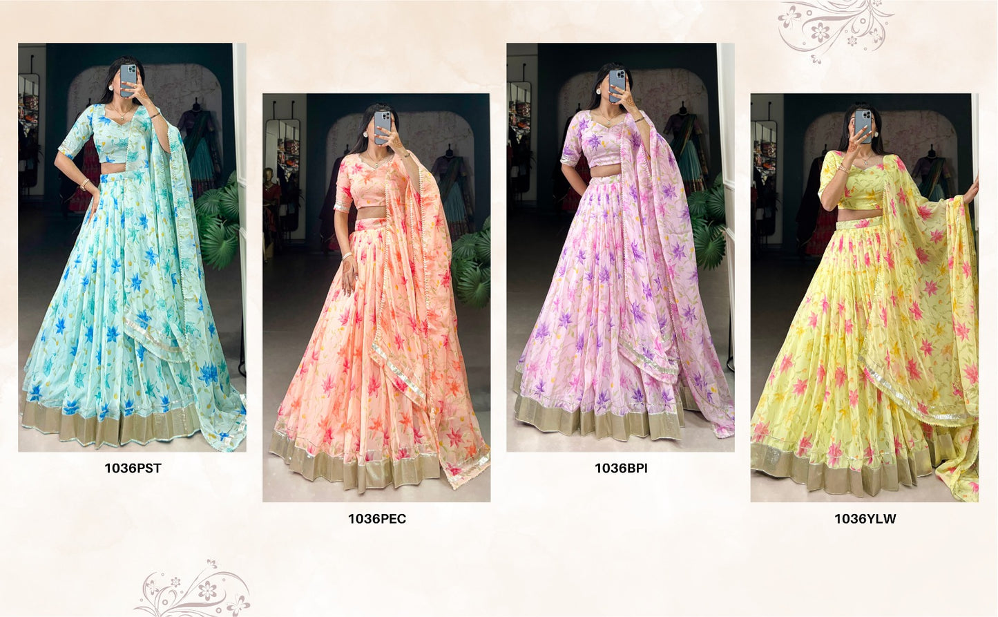 Floral Print Tabby Silk Lehenga Choli with Lace