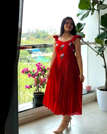 Designer Red Handwork Maxi Dress