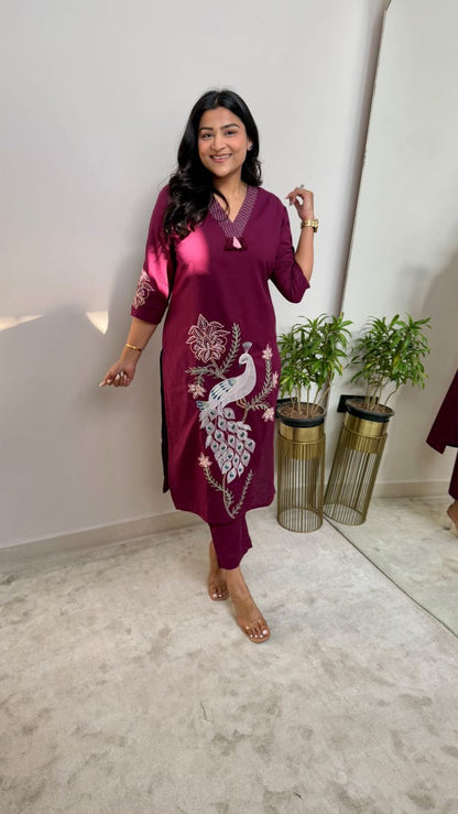 Women's Cotton Kurti Set with Exquisite Peacock Embroidery