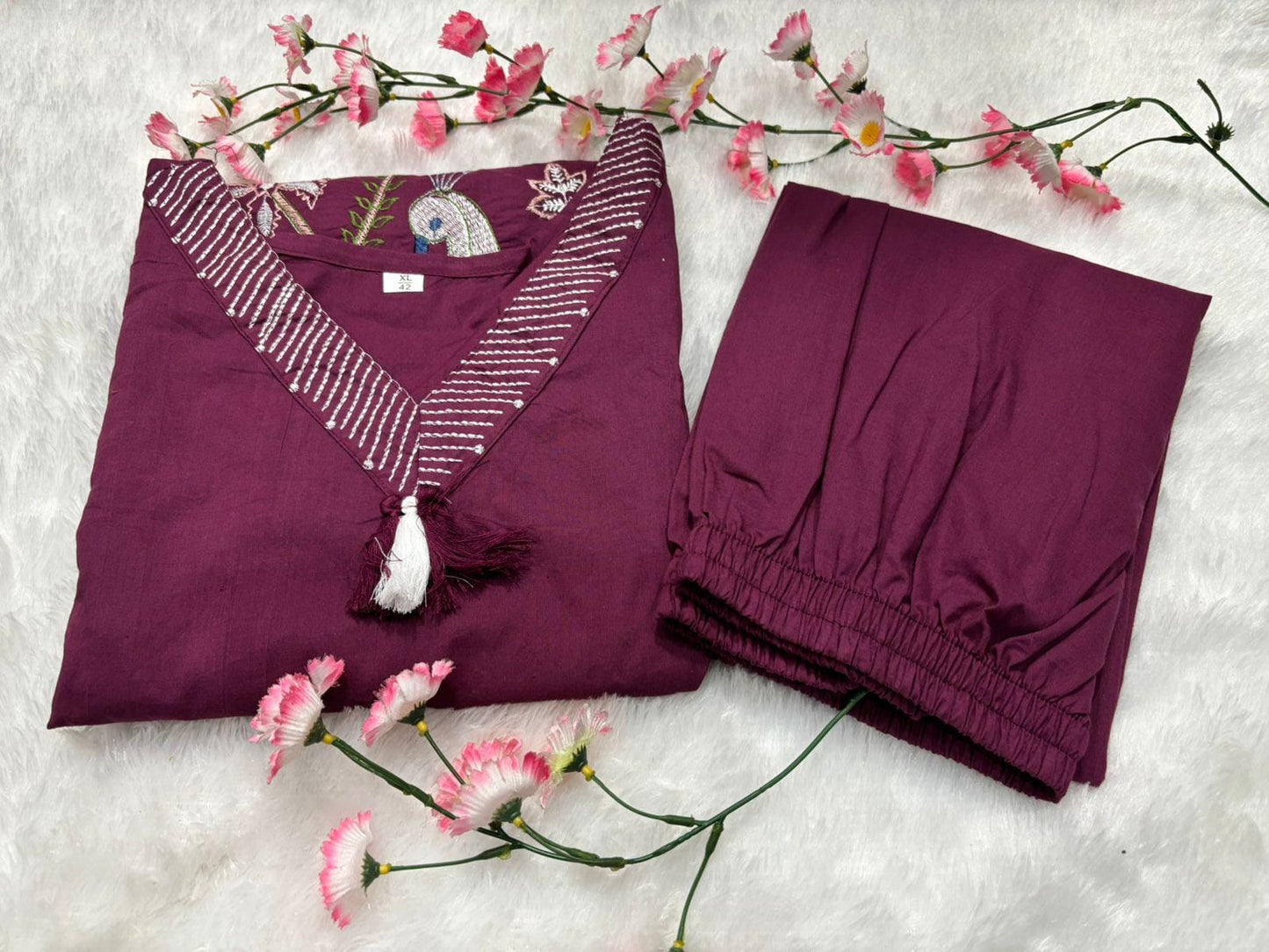 Women's Cotton Kurti Set with Exquisite Peacock Embroidery