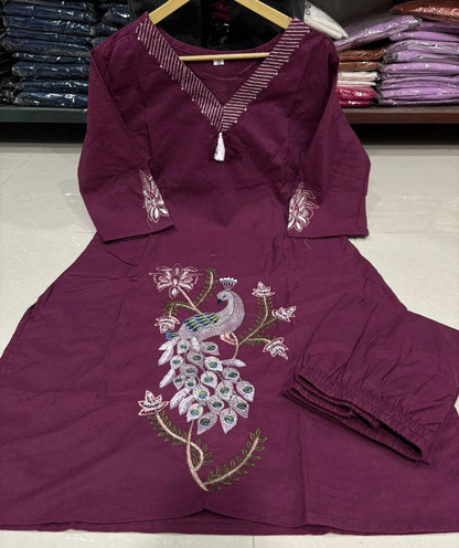 Women's Cotton Kurti Set with Exquisite Peacock Embroidery