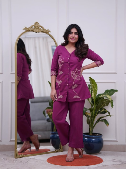 Women's Cotton 60*60 Co-ord Set with Floral Embroidery