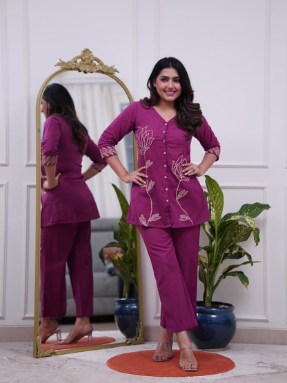 Women's Cotton 60*60 Co-ord Set with Floral Embroidery