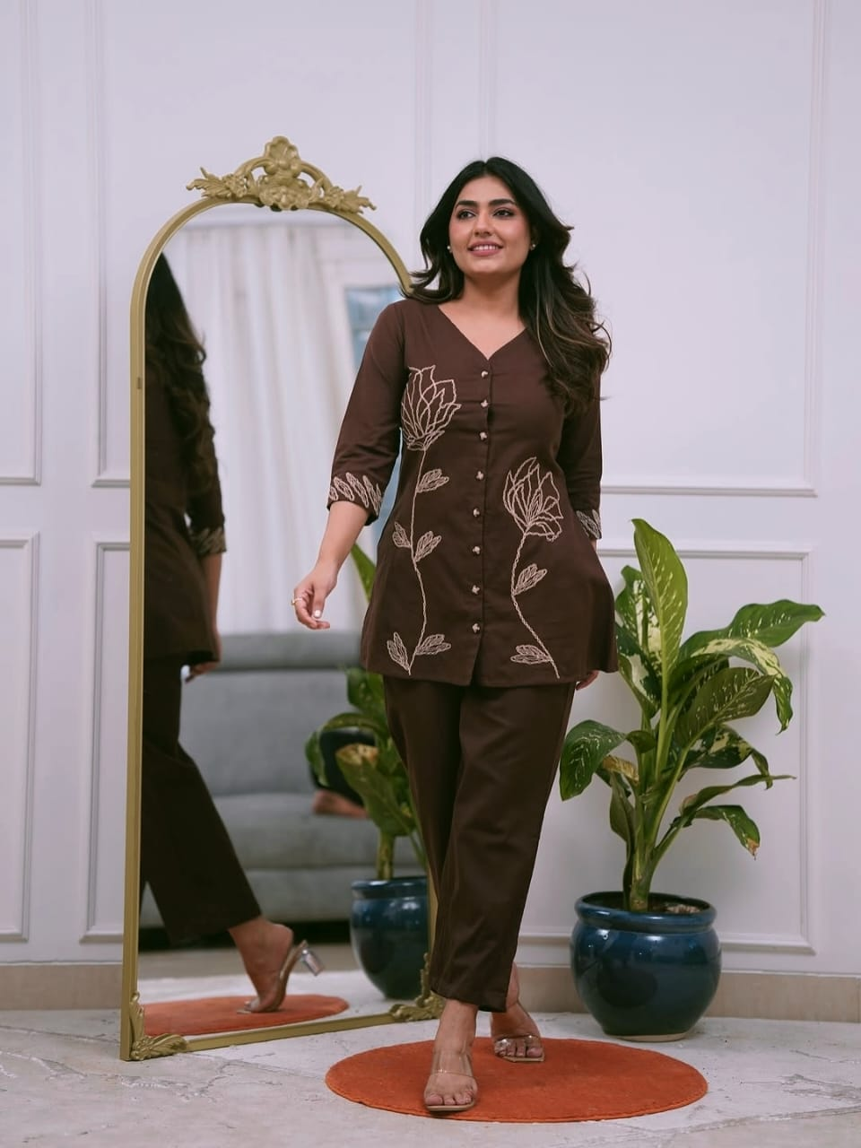 Women's Cotton 60*60 Co-ord Set with Floral Embroidery