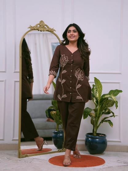 Women's Cotton 60*60 Co-ord Set with Floral Embroidery