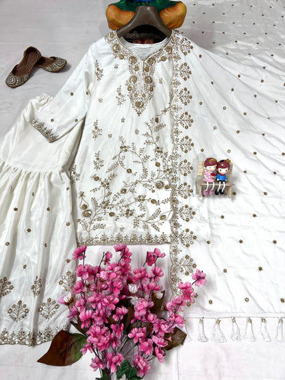 Designer Chinon Silk Sharara Set with Heavy Zari & Sequins Embroidery