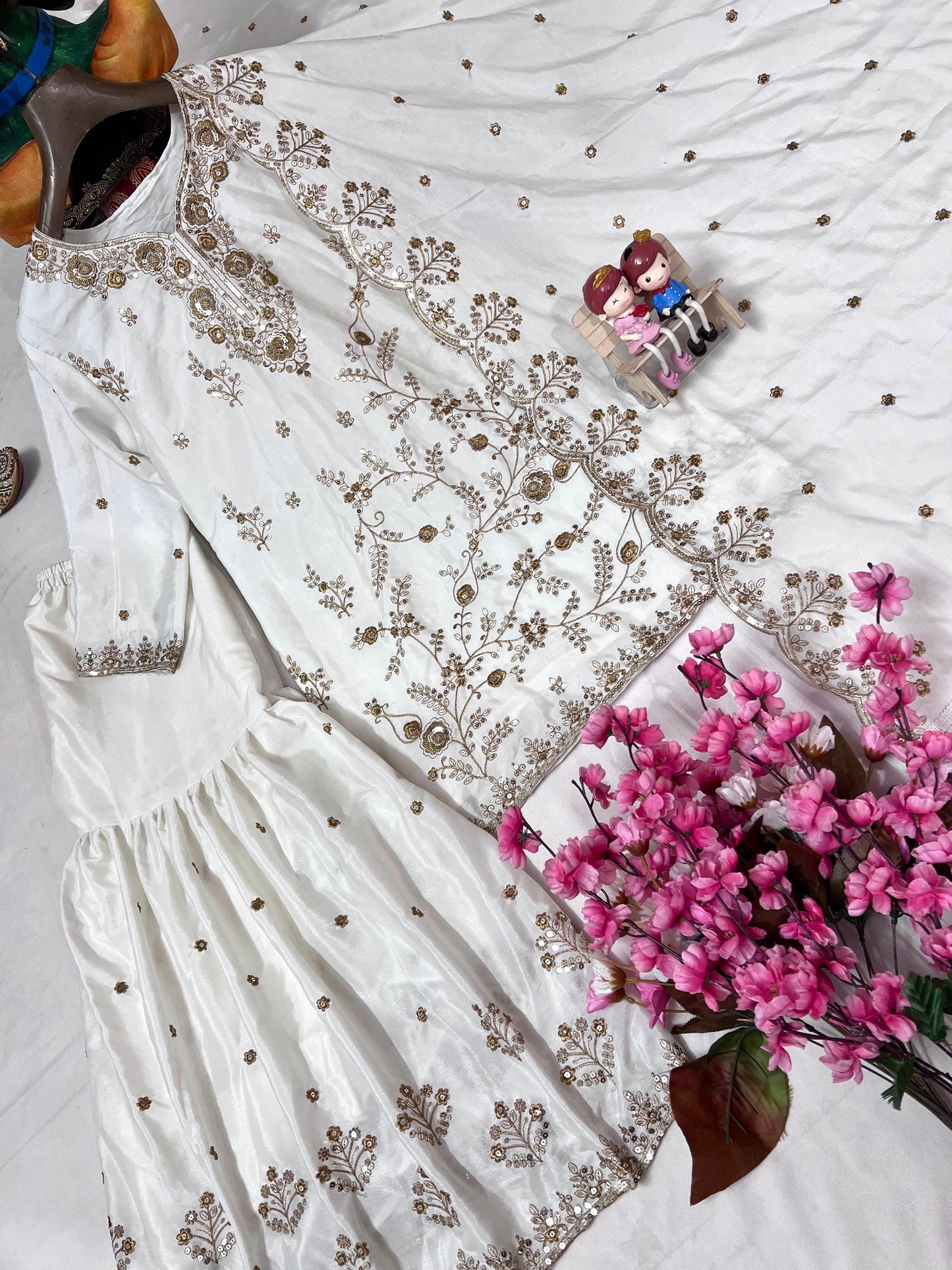 Designer Chinon Silk Sharara Set with Heavy Zari & Sequins Embroidery