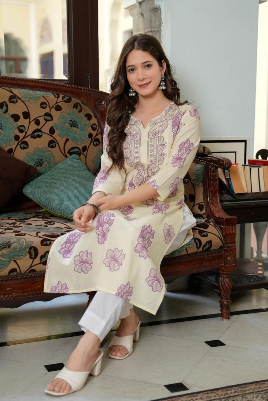 Women's Poly Rayon Kurti with Embroidery & Print